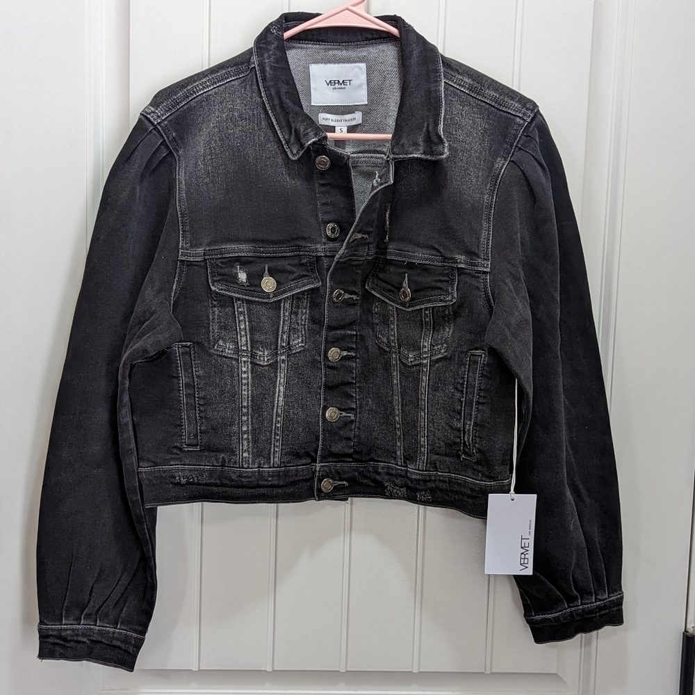 🔥NWT VERVET 'Puff Sleeve Trucker' Cropped Jean Jacket in Black